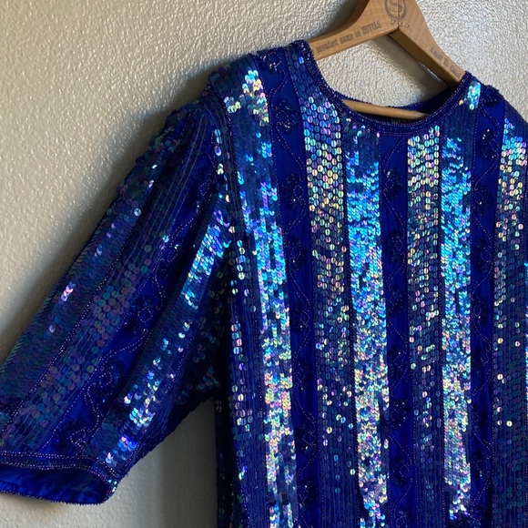Vintage 80s 90s Tribout Silk Sequin Beaded Royal Blue Glam Event Party Top sz L - Picture 6 of 16